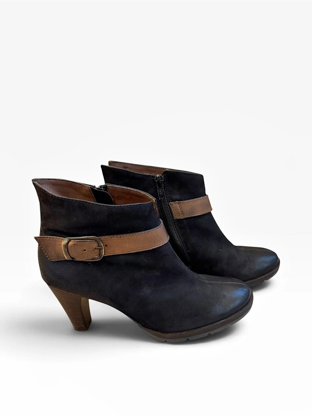 Paul Green Black Leather Ankle Boots With Contrast Leather Buckled Strap US 6